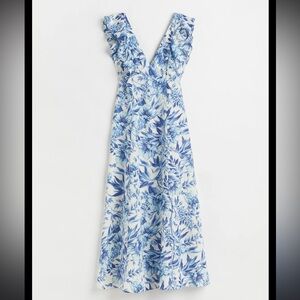 H&M Blue Floral Ruffled Linen Maxi Dress